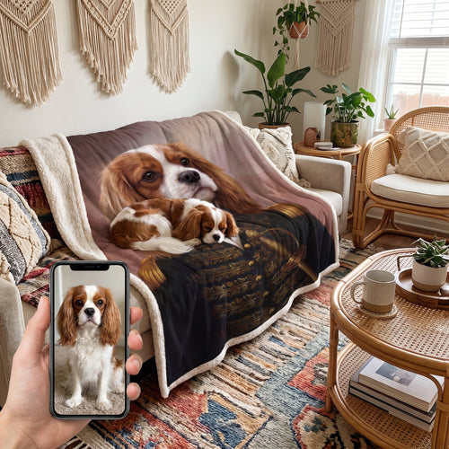 Cavalier King Charles spaniel with The General custom pet blanket: pet + phone + blanket