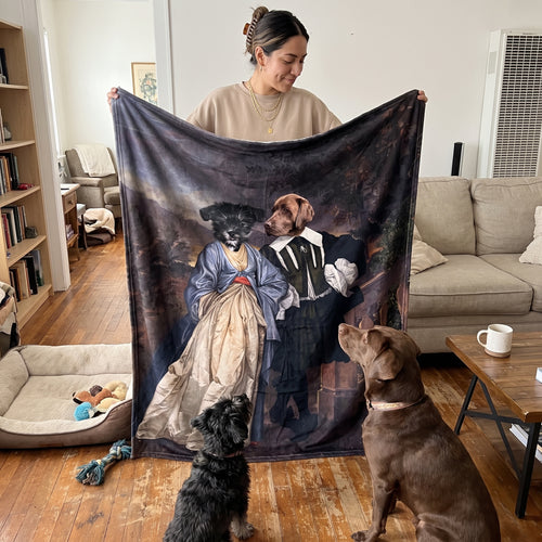 Black miniature schnauzer and chocolate Labrador with The Midnight Stroll custom pet blanket: held up for size