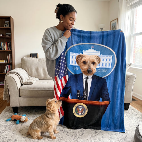 Terrier mix with The Pawresident custom pet blanket: held up for size