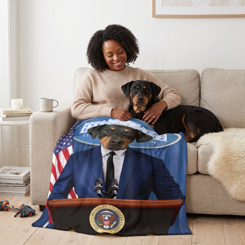 Rottweiler with The Pawresident custom pet blanket: owner + pet on sofa