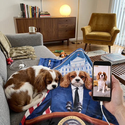 Cavalier King Charles spaniel with The Pawresident custom pet blanket: pet + phone + blanket