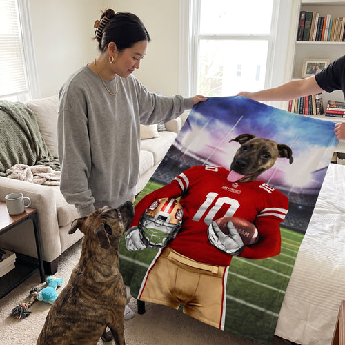 Goldendoodle with The Pawty Niners custom pet blanket: held up for size