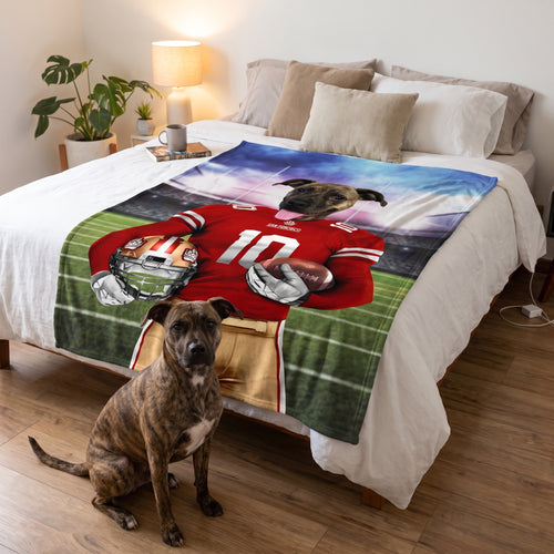 Goldendoodle with The Pawty Niners custom pet blanket: on the bed