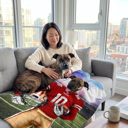 French bulldog with The Pawty Niners custom pet blanket: owner + pet on sofa
