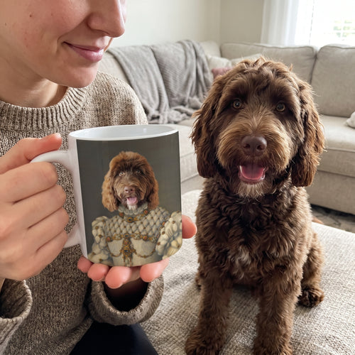 Chocolate labradoodle with The Princess custom mug: owner holding mug + pet