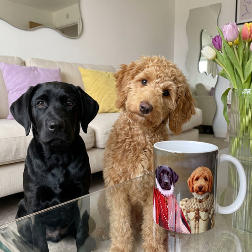 Black Labrador and goldendoodle with The Queen of Roses and Princess custom mug: funny side-by-side