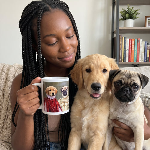 Golden retriever and pug with The Queen of Roses and Princess custom mug: owner holding mug + pet