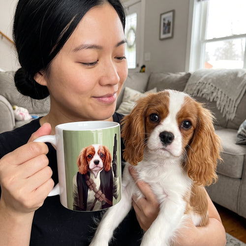 Cavalier King Charles spaniel with The Rebel custom mug: owner holding mug + pet