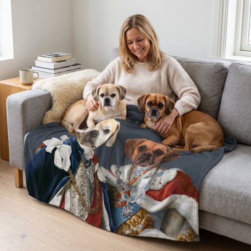 Two puggles with The Rulers custom pet blanket: owner + pet on sofa