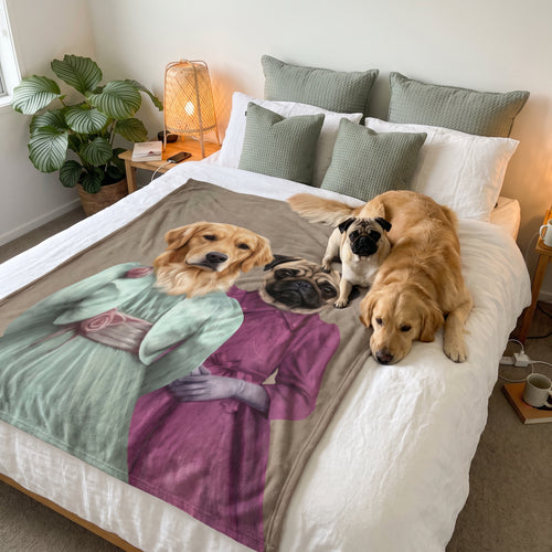 Golden retriever and pug with The Sisters custom pet blanket: on the bed