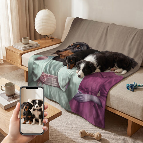 Miniature dachshund and border collie with The Sisters custom pet blanket: pet + phone + blanket