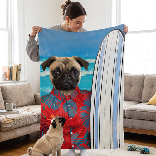Pug with The Surfer custom pet blanket: held up for size