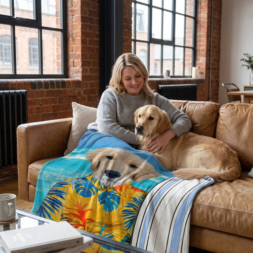 Golden retriever with The Surfer custom pet blanket: owner + pet on sofa