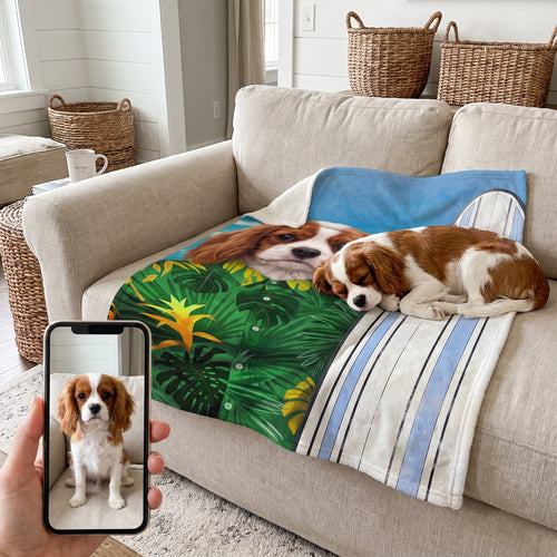 Cavalier King Charles spaniel with The Surfer custom pet blanket: pet + phone + blanket
