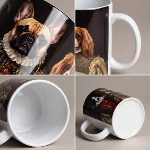 Border collie, French bulldog and Cavalier King Charles spaniel with The Three Queens custom mug: close-up of gloss and wrap