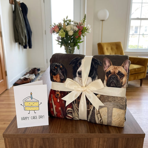 Miniature dachshund, border collie and French bulldog with The Three Queens custom pet blanket: gift