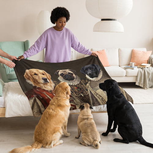 Golden retriever, pug and black Labrador with The Three Queens custom pet blanket: held up for size
