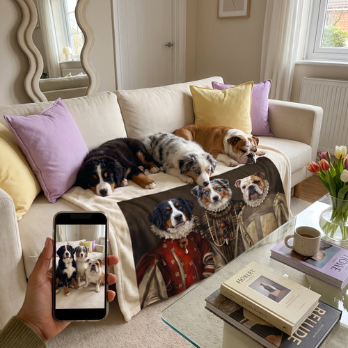 Bernese mountain dog, Australian shepherd and bulldog with The Three Queens custom pet blanket: pet + phone + blanket