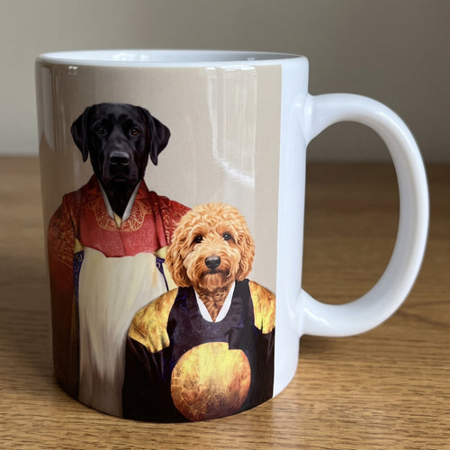 Black Labrador and goldendoodle with The Wise Pair custom mug: close-up of gloss and wrap