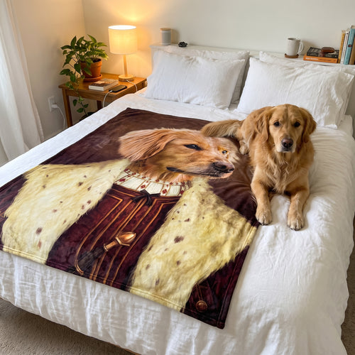 Golden retriever with The Young King custom pet blanket: on the bed