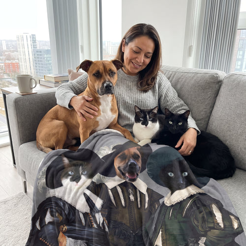 Boxer mix, tuxedo cat and black cat with the Three Musketeers custom pet blanket: owner + pet on sofa