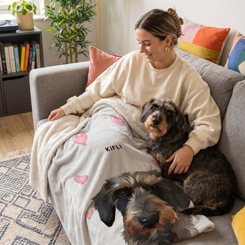 Wire-haired dachshund with the Valentines Pet Face Blanket - One Pet: owner + pet on sofa