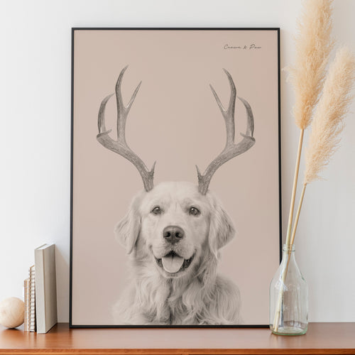 Crown and Paw - Canvas Elk Antlers Pet Portrait - Custom Canvas