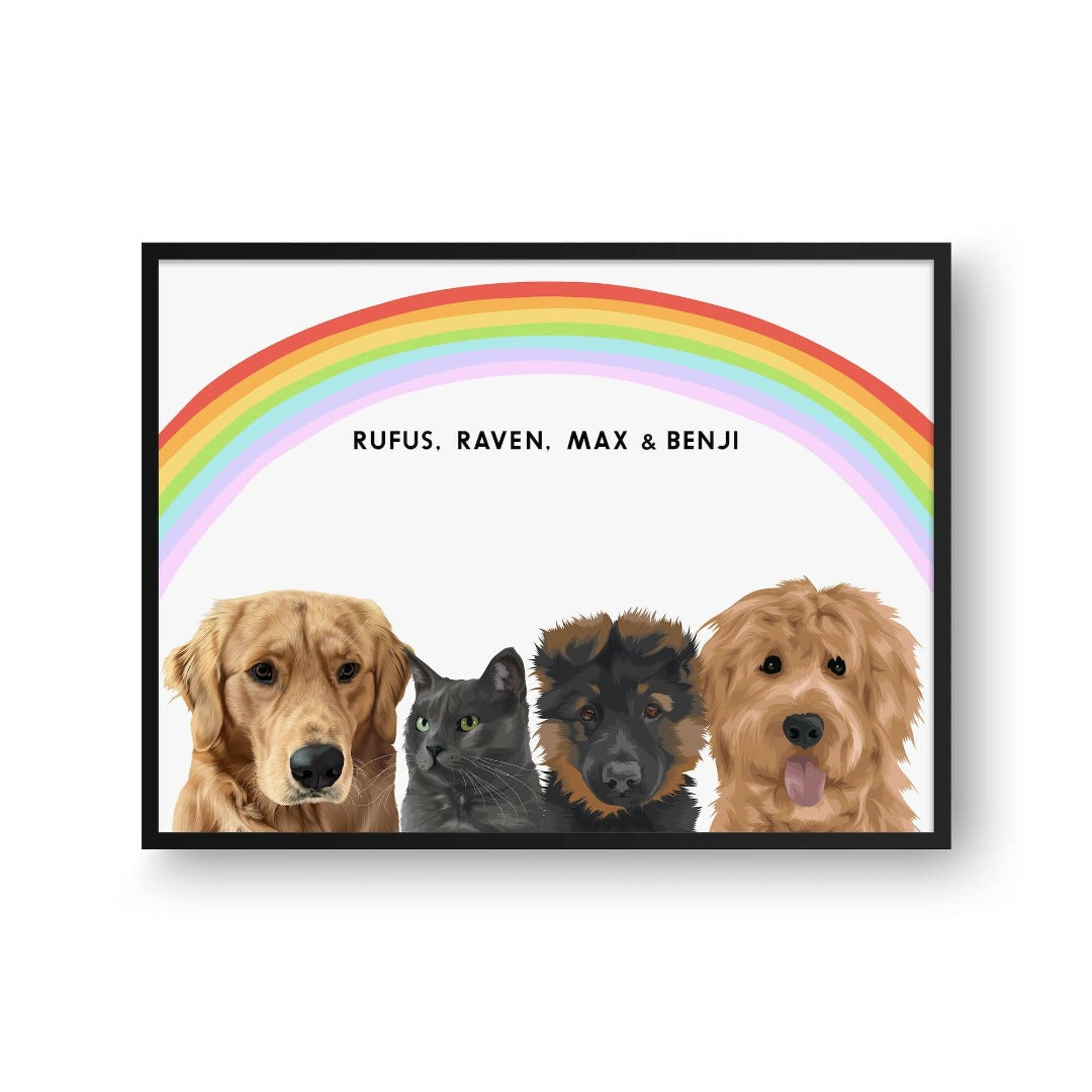 Crown and Paw - Framed Poster Modern Pet Portrait - Four Pets 10" x 8" / Black / Rainbow