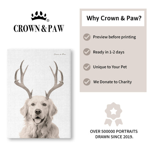 Crown and Paw - Canvas Elk Antlers Pet Portrait - Custom Canvas