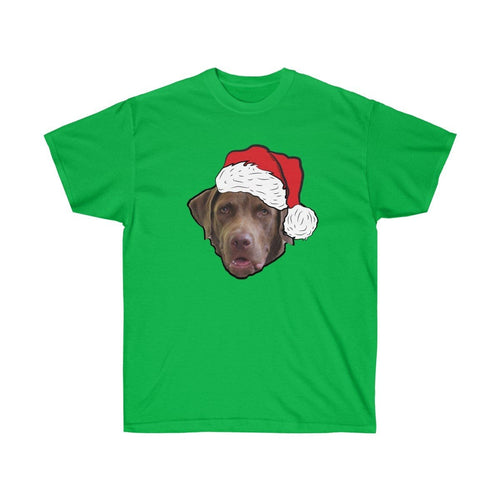 Crown and Paw - Custom Clothing Novelty Pet Face Christmas T-Shirt Festive Green / Santa Hat / S