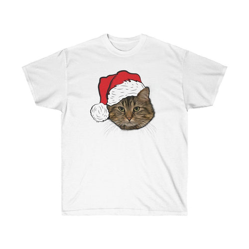Crown and Paw - Custom Clothing Novelty Pet Face Christmas T-Shirt Snow White / Santa Hat / S