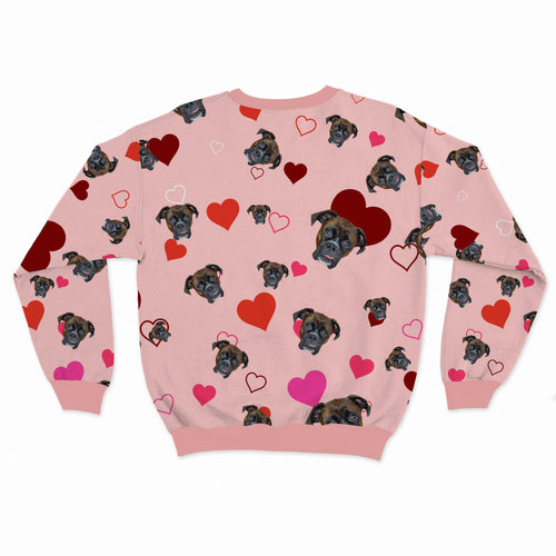 Crown and Paw - Custom Clothing Pet Face Pattern Valentines Sweatshirt Pink with Colored Hearts / S